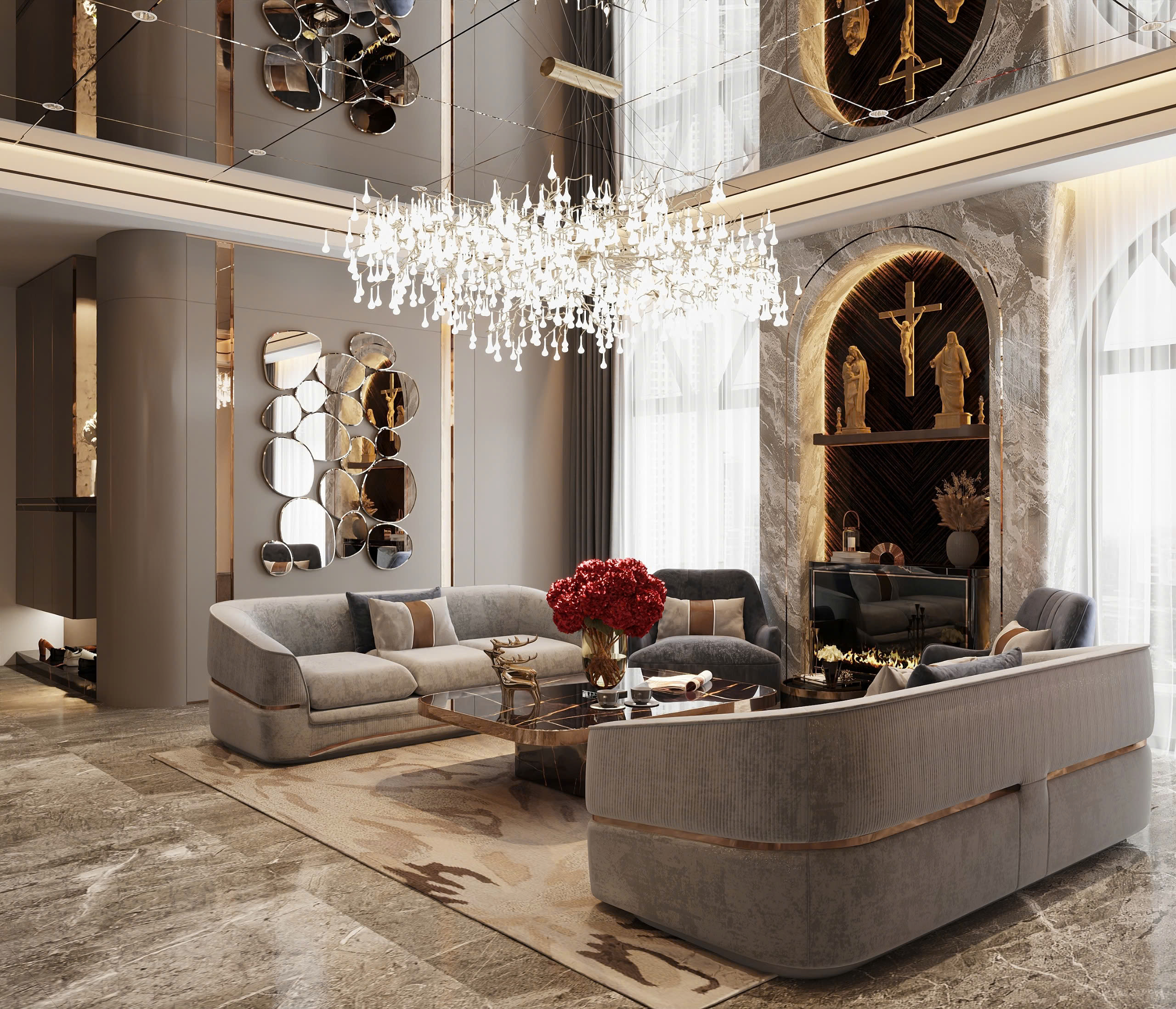 Nội thất kim loại phong cách Luxury - phòng khách vách gương nghệ thuật