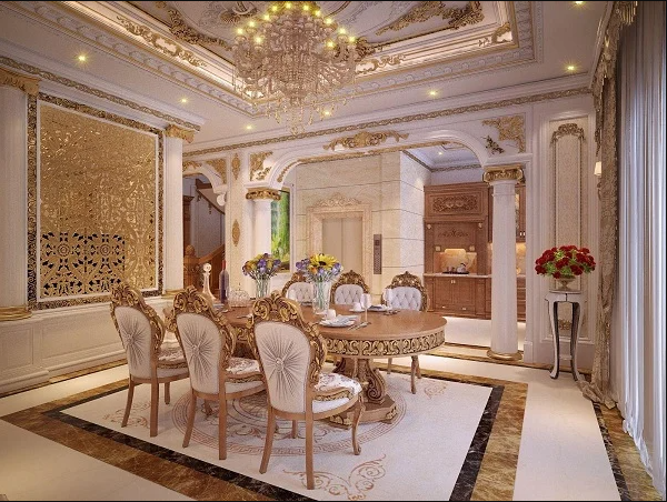 Không gian phòng ăn tân cổ điển với vách CNC mạ vàng