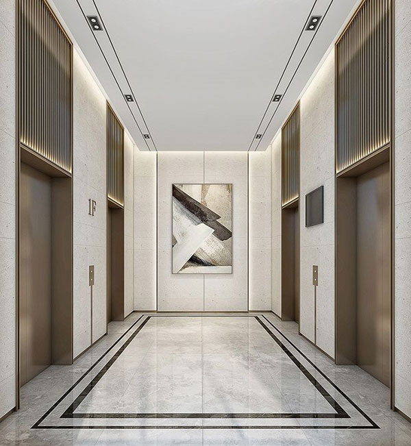 Ốp inox sảnh thang máy đôi phong cách hiện đại